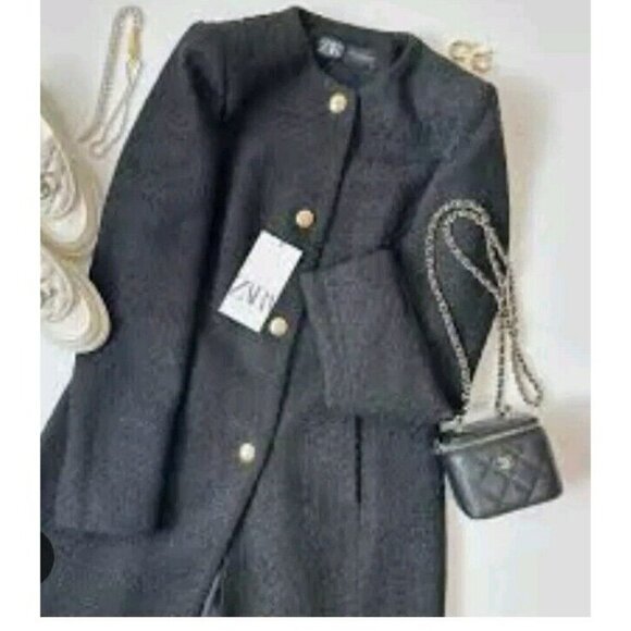 NWT_ZARA WOMAN GOLD BUTTON TEXTURED TWEED SHORT DRESS8338 457 Sz Small Navy Bl